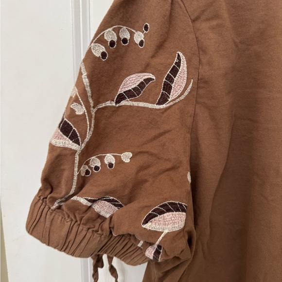 Joie Brown Puff Sleeve Blouse with Embroidery - Picture 2 of 6